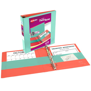 Avery(R) Two-Tone Durable View 3 Ring Binder, 1-1/2 Inch Slant Rings, 1 Mint/Coral Binder (17289) 1.5